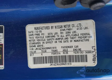 2006 Nissan 350Z Touring из США, поврежденный, VIN JN1AZ36A26M451916